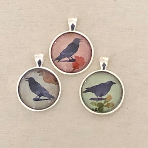 Raven Crow Glass Cabochon Pendants, set of 3