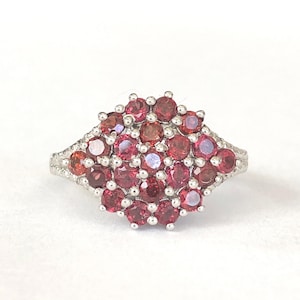 May include: A silver ring with a cluster of red gemstones set in a flower shape.