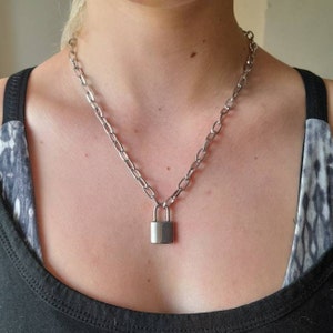 Padlock Pendant and Paper Clip Style Stainless Steel Chain Necklace. Gift for him - gift for her.