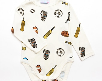 Baby boy's sports print babygrow/bodysuit, cricket, baseball, football print sized from 0 months upto 12 months