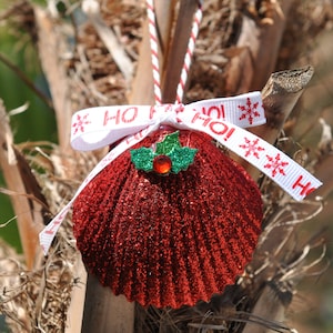 Scallop Shell Christmas Ornament in Red - Holly