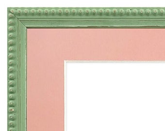 Crown Pea Green Photo Frame with Pink Mount, Wooden Bobbin Distressed Frame