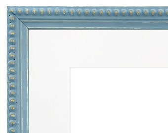 Crown Blue Photo Frame with White Mount, Wooden Bobbin Distressed Frame