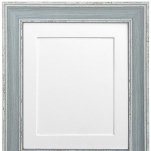 May include: A light blue picture frame with a white mount and a distressed wood finish.