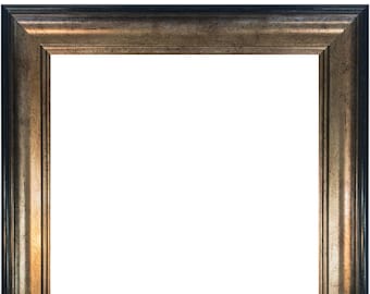 May include: A gold-toned picture frame with a black outer edge. The frame has a raised, ornate design.