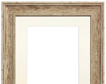 May include: A rustic wood picture frame with a white mat. The frame has a distressed finish and a light brown color.