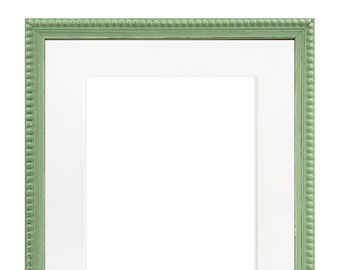 Crown Pea Green Photo Frame with White Mount, Wooden Bobbin Distressed Frame
