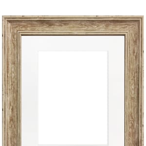 May include: A rustic wood picture frame with a white mount. The frame has a distressed finish and a light brown colour.