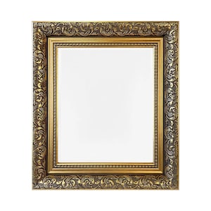 May include: A rectangular picture frame featuring an ornate, dark bronze and gold finish with intricate scrollwork patterns along the outer border. The inner edge is lined with a delicate beaded detail, surrounding a plain white rectangular centre.