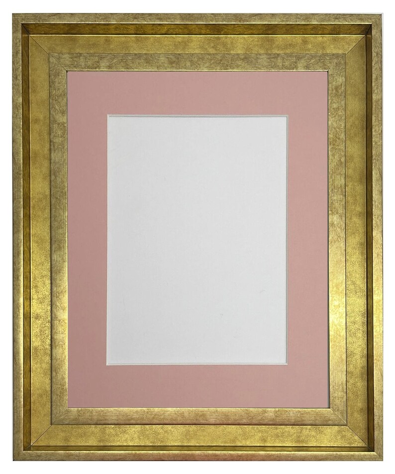 May include: A gold picture frame with a double mat. The outer mat is a light pink color and the inner mat is white. The frame has a decorative, textured finish.