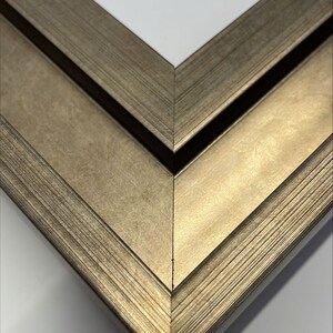 May include: Close-up of a corner of a double-layered picture frame with a gold finish. The frame has a textured surface and a beveled edge.