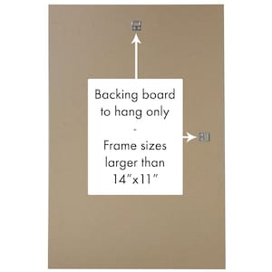 May include: A brown backing board with the text "Backing board to hang only - Frame sizes larger than 14" x 11" ".  Two metal hanging hooks are shown on the board.