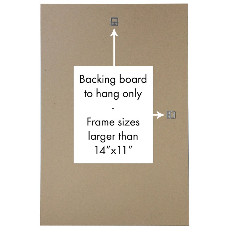 May include: A brown backing board with the text "Backing board to hang only - Frame sizes larger than 14" x 11" ".  Two metal hanging hooks are shown on the board.