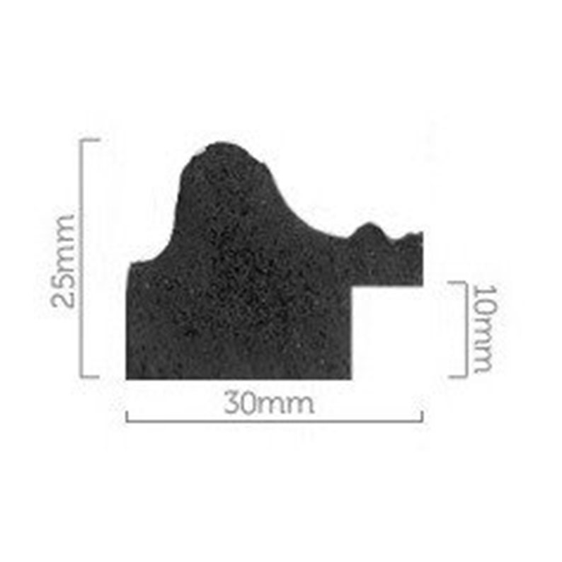 May include: Black picture frame with a decorative, curved design. The frame measures 2.5 cm wide, 1 cm deep, and 30 cm long.