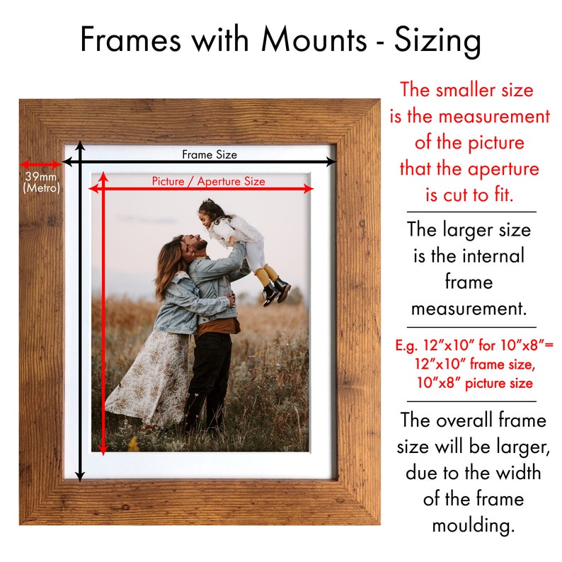 May include: A wooden picture frame with a white mat and a photo of a family. The frame is 12 inches by 10 inches and the photo is 10 inches by 8 inches. The text on the image reads "Frames with Mounts - Sizing". The smaller size is the measurement of the picture that the aperture is cut to fit. The larger size is the internal frame measurement. E.g. 12"x10" for 10"x8" = 12"x10" frame size, 10"x8" picture size. The overall frame size will be larger, due to the width of the frame moulding.