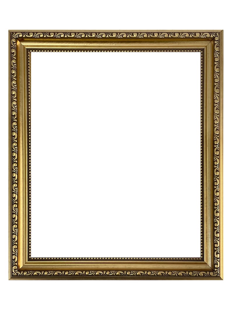 May include: A gold picture frame with an ornate design. The frame is empty and ready for a photo or artwork.