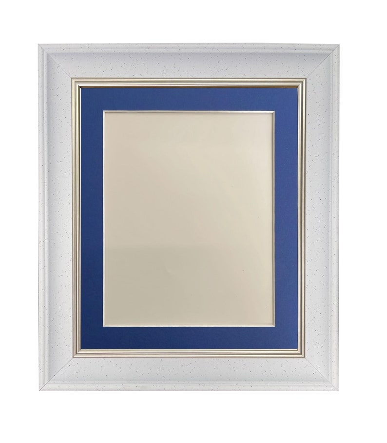 May include: A white picture frame with a speckled texture, a silver inner border, and a deep blue mount. The frame is designed to hold a rectangular image or artwork, offering a clean and elegant presentation.