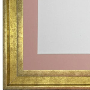 May include: Close-up of a gold picture frame with a pink mat. The frame has a double-layered border.