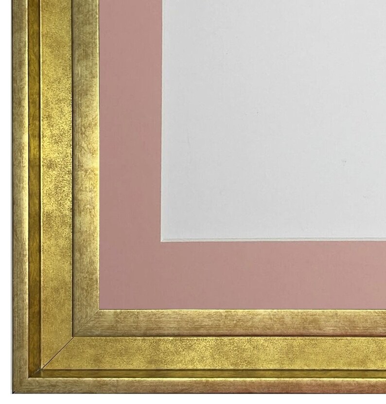 May include: Close-up of a gold picture frame with a pink mat. The frame has a double-layered border.