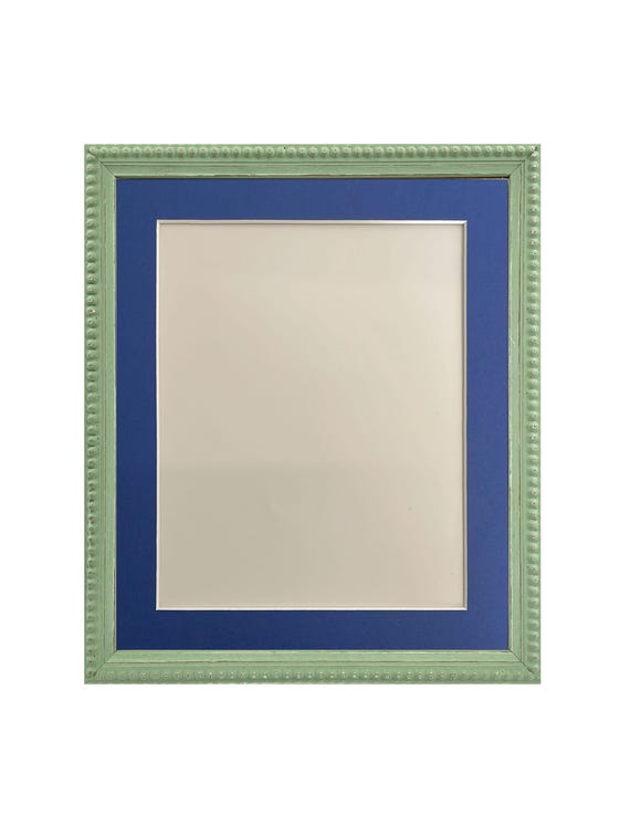 Crown Pea Green Photo Frame with A Oxford Blue Mount, Wooden Bobbin Distressed Frame