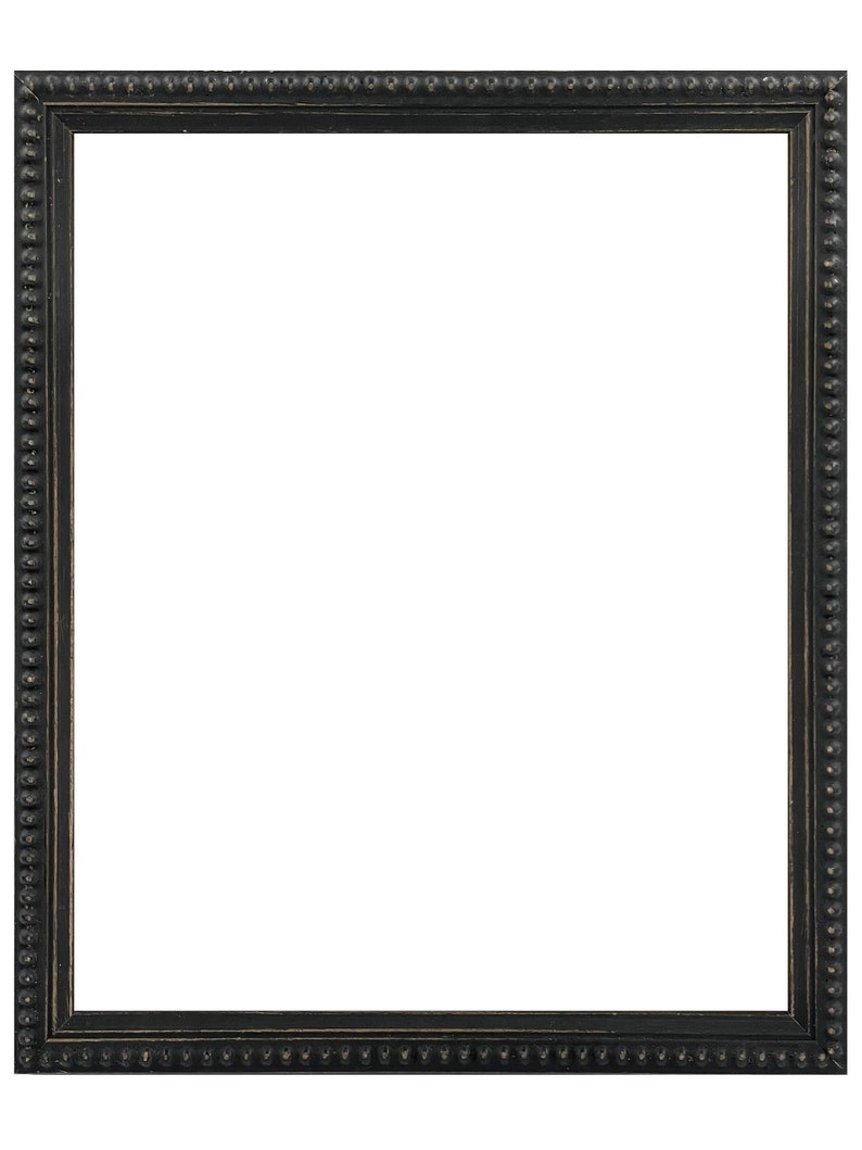 May include: A black picture frame with a beaded border. The frame is made of wood and has a distressed finish.