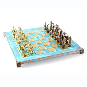 Greek Mythology Chess Set Brass&Copper with Blue oxidized Board image 1