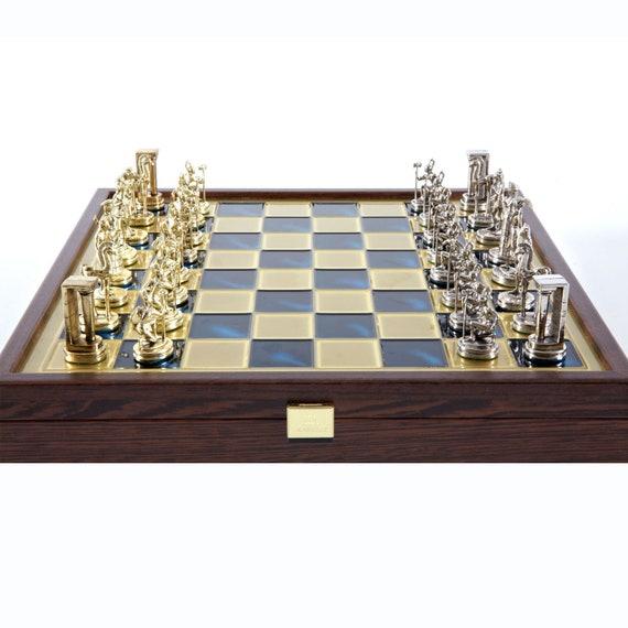 Minoan Period Brass-nickel Chess Set Wooden Case Blue Brass 