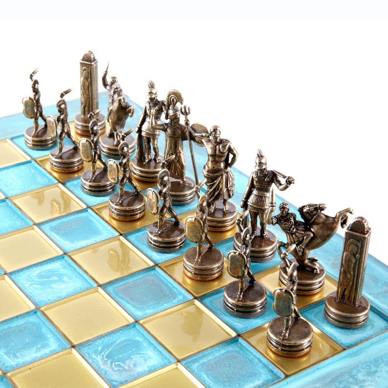 Greek Mythology Chess Set Brass&Copper with Blue oxidized Board image 5