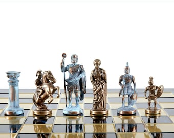 Greek Roman Army Large Chess Set - Blue&Copper - Blue chess Board