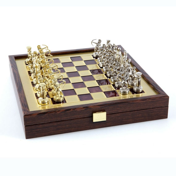 Minoan Period Brass-nickel Chess Set Wooden Case Blue Brass 