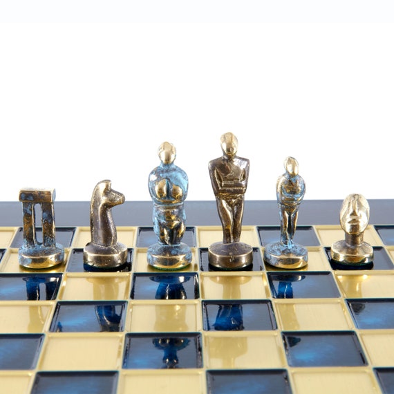 ARTE cicladica grande set di scacchi-materiale Bronzo-Blu scacchiera 