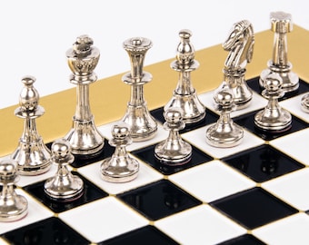 Classic Metal Staunton small Chess Set - Brass Nickel Pawns - Gold Black chess Board