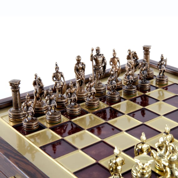 Brass&Green Wooden case Green Board Manopoulos Greek Roman Army Chess Set 