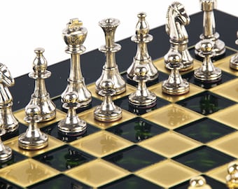 Classic Metal Staunton small Chess Set - Brass Nickel Pawns - Green chess Board