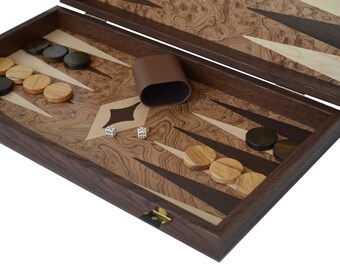 Walnut Burl Tradicional Backgammon Set de 19" - Hecho a mano en Grecia - Damas de olivo