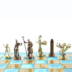 Greek Mythology Chess Set Brass&Copper with Blue oxidized Board image 3