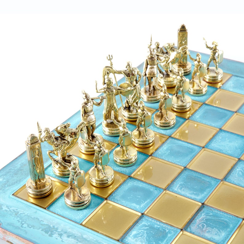 Greek Mythology Chess Set Brass&Copper with Blue oxidized Board image 4