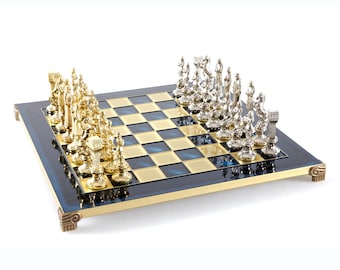 Renaissance Chess Set - Brass&Nickel - Blue chess Board