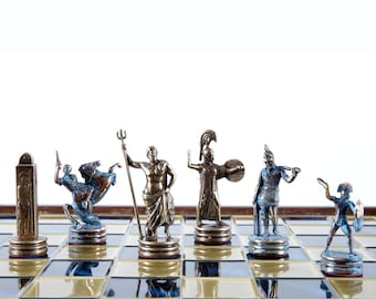 Greek Mythology Chess Set - Blue&Copper - Wooden case Blue Board