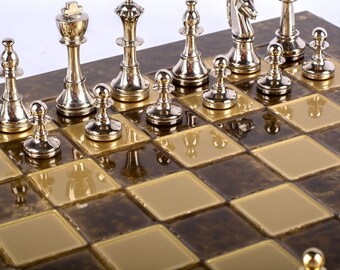 Classic Metal Staunton Chess Set - Brass Nickel Pawns - Brown chess Board