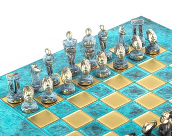 Cycladic Art Chess Set - Bronze Material - Blue oxidized chess Board