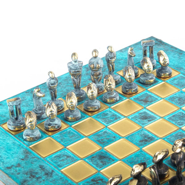 Kykladenkunst Schachspiel - Bronze Material - Blau oxidiertes Schachbrett