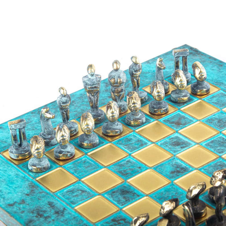 Cycladic Art Chess Set Bronze Material Blue oxidized chess Board image 1