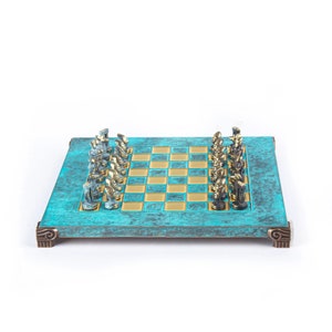 Cycladic Art Chess Set Bronze Material Blue oxidized chess Board image 4