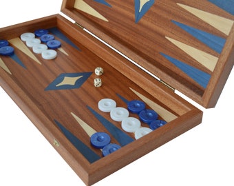 Traditional 15" Mahogany Backgammon Set - Blue White Checkers