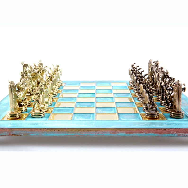 Greek Mythology Chess Set Brass&Copper with Blue oxidized Board image 2