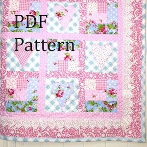 Heart Baby Quilt Pattern, Baby girl quilt pattern, farmhouse quilt pattern, patchwork quilt pattern, baby quilt pattern image 1