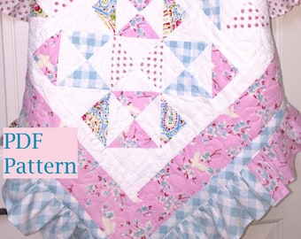 Ruffle Baby Quilt Pattern, baby girl quilt pattern, tumbling hourglass quilt pattern,  sewing pattern, pdf quilt pattern