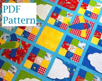 Airplane Baby Quilt Pattern, Patchwork Quilt Pattern, Baby boy quilt pattern, pdf pattern, Airplane applique pattern, quilt pattern baby