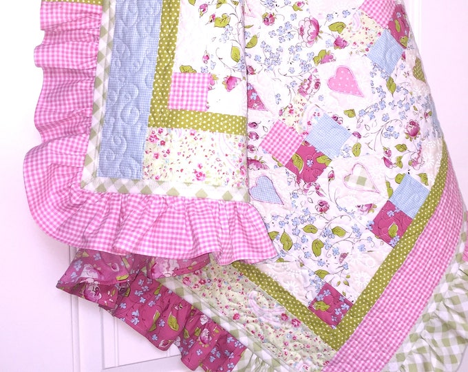 Ruffle Baby Girl Quilt, Baby Quilt, Baby Blanket, Pink Baby Quilt Girl